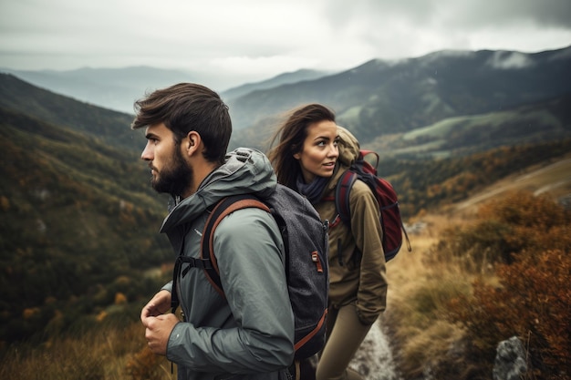 Photo d'un jeune couple en randonnée dans les montagnes créée avec une IA générative