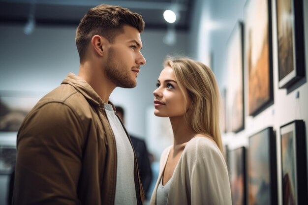 Une photo d'un jeune couple regardant des peintures dans une galerie d'art créée avec l'IA générative