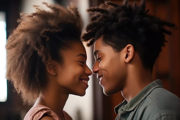 Photo d'un jeune couple se regardant affectueusement créé avec une IA générative