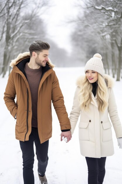 Photo d'un jeune couple se tenant la main en marchant dans la neige créé avec une IA générative