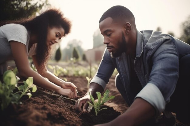 Une photo d'un jeune couple travaillant dans leur jardin créée avec l'IA générative