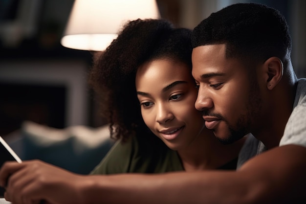 Photo d'un jeune couple utilisant une tablette ensemble à la maison créée avec une IA générative