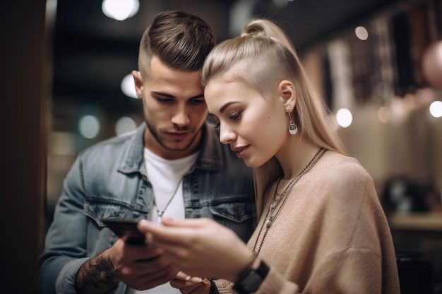 Une photo d'un jeune couple utilisant un téléphone portable ensemble dans leur boutique créée avec l'IA générative