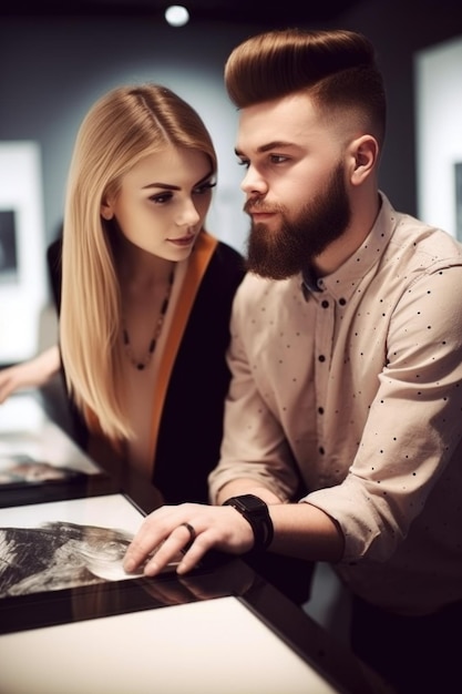 Une photo d'un jeune couple utilisant le touchpad lors d'une exposition