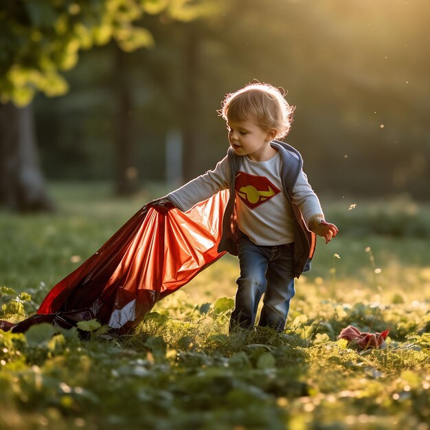 photo d'un jeune enfant dans une cape de super-héros ramassant des ordures dans un parc symbolisant le pouvoir de