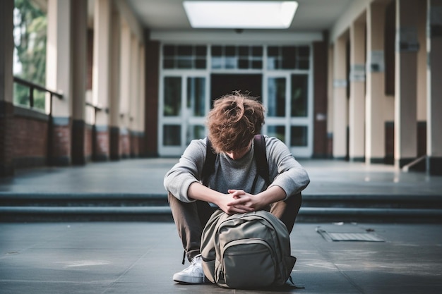 Photo d'un jeune étudiant déprimé assis par terre au collège ou à l'université