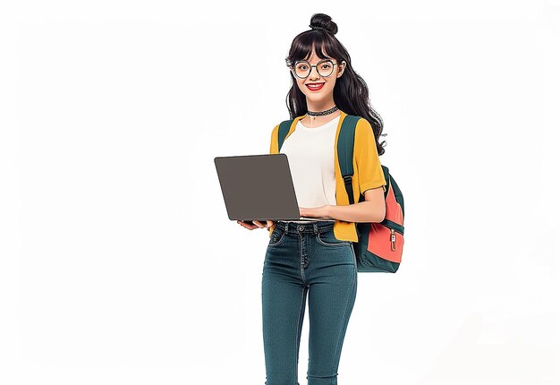 Photo d'une jeune étudiante avec un joli sourire et un ordinateur portable à la main