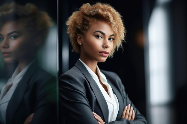 Une photo d'une jeune femme d'affaires dans un bureau.