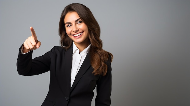 Photo de jeune femme d'affaires professionnelle pointant le doigt sur le côté