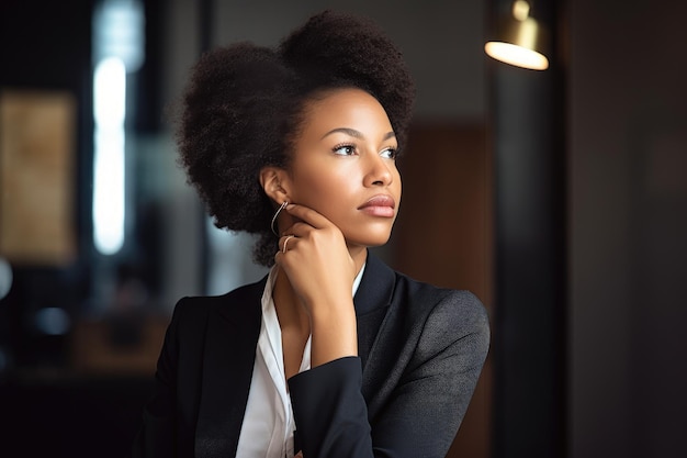 Une photo d'une jeune femme d'affaires réfléchie dans son bureau créée avec l'IA générative