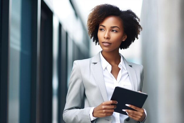 Une photo d'une jeune femme d'affaires utilisant sa tablette numérique créée avec l'IA générative