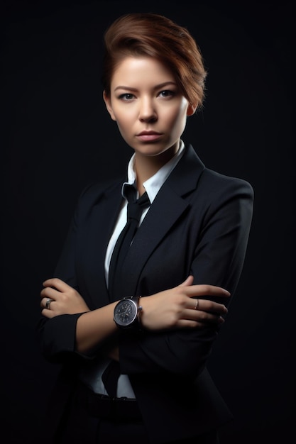 Une photo d'une jeune femme agent sur un fond de studio