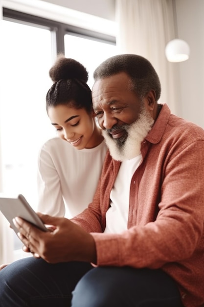 Une photo d'une jeune femme aidant son père avec sa tablette.