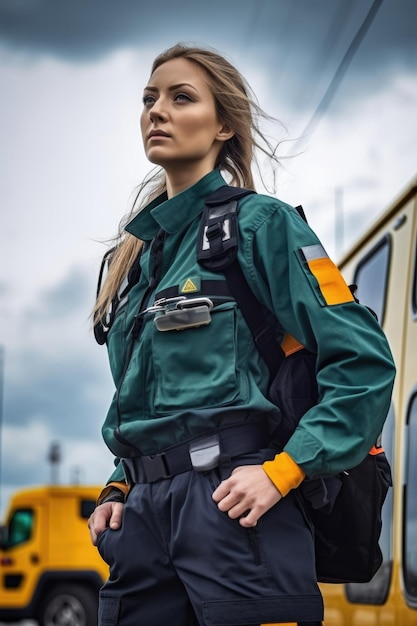 Une photo d'une jeune femme ambulancière travaillant à l'extérieur créée avec l'IA générative