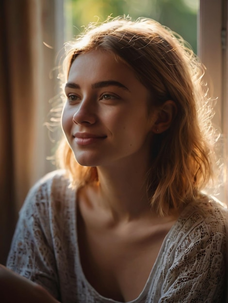 photo d'une jeune femme artistique assise près de la fenêtre