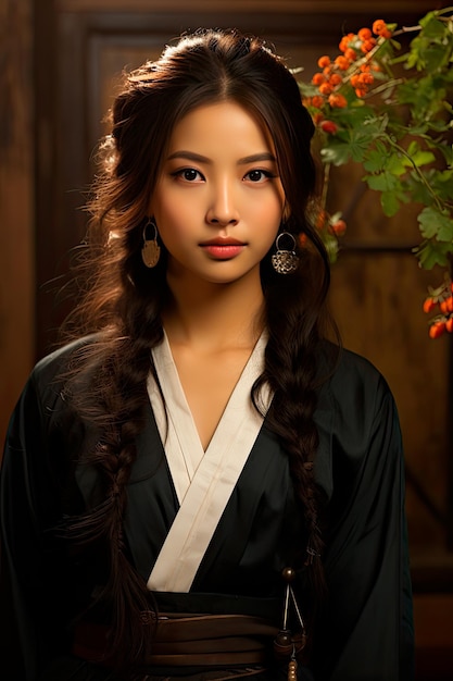 photo d'une jeune femme asiatique aux cheveux longs avec un style de maquillage coréen sur son visage et une peau parfaite