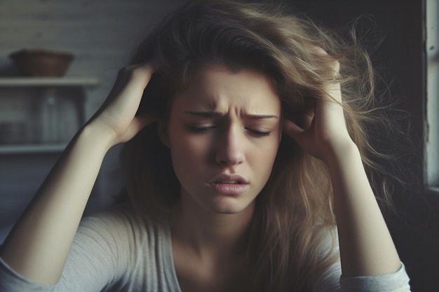 Photo de jeune femme ayant mal aux dents tenant sa tête avec les deux mains