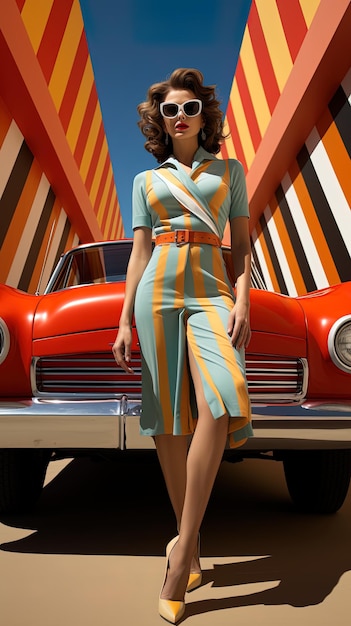 Photo photo d'une jeune femme dans une robe à rayures orange et olive de style des années 50 devant une voiture vintage