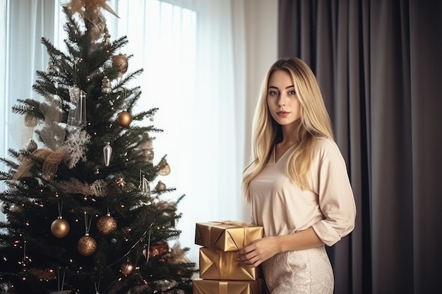 Photo d'une jeune femme debout à côté de son sapin de Noël avec des cadeaux créés avec une IA générative