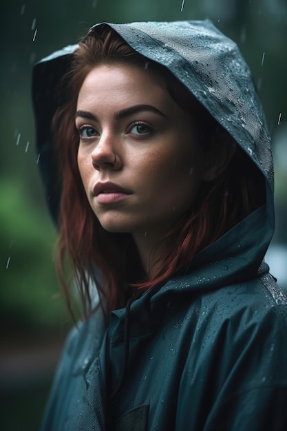 Une photo d'une jeune femme debout dehors sous la pluie.