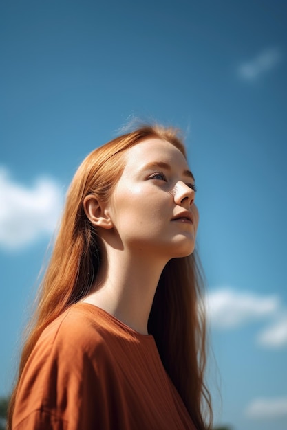 Une photo d'une jeune femme debout à l'extérieur et regardant le ciel bleu créé avec l'IA générative