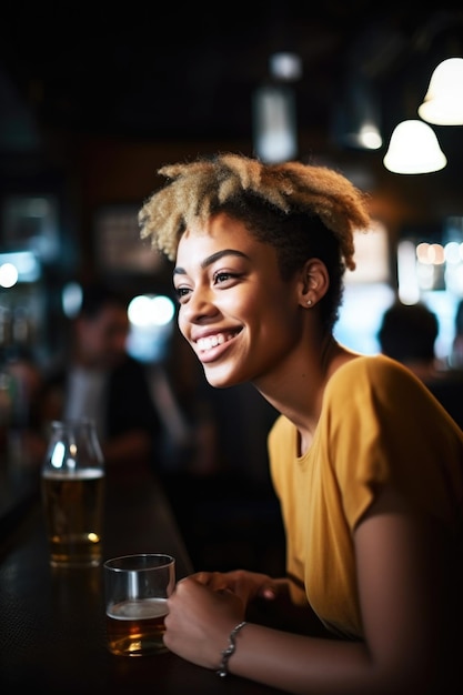 Photo d'une jeune femme dégustant une bière au bar avec des amis créée avec une IA générative