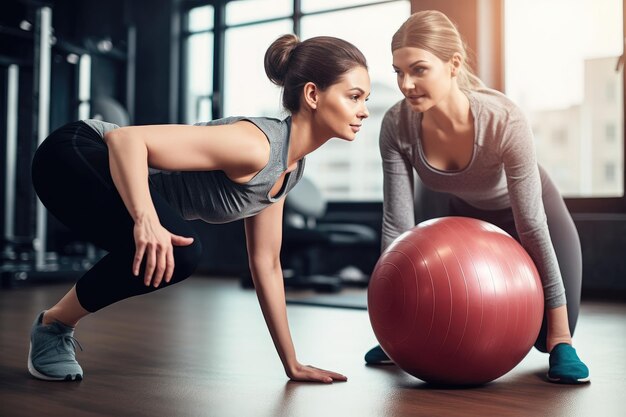 Photo d'une jeune femme faisant des exercices de base avec un instructeur créé avec une IA générative