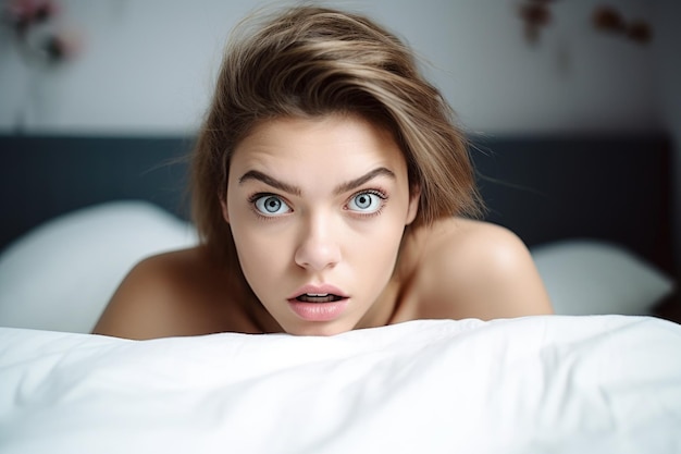 Photo d'une jeune femme faisant une grimace à la caméra allongée dans son lit créée avec une IA générative