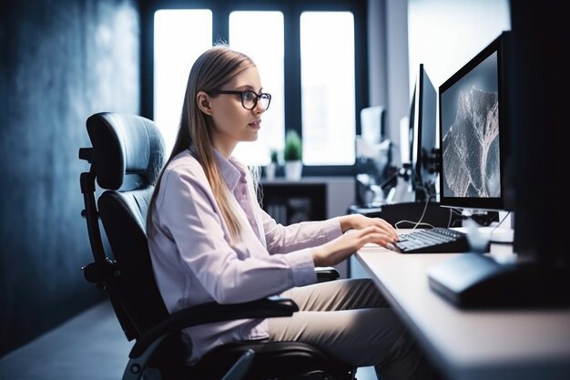 Photo d'une jeune femme handicapée utilisant un ordinateur au travail créé avec une IA générative