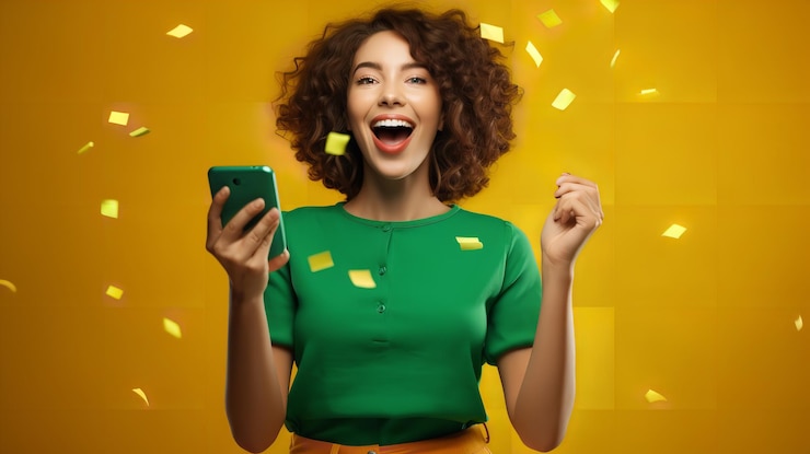 Photo photo d'une jeune femme heureuse levant son poing de joie tout en tenant un appareil moderne sur un fond jaune ia générative