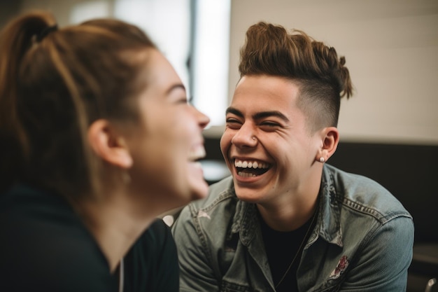 Photo d'une jeune femme et d'un homme riant ensemble lors d'un atelier d'établissement de relations inclusives