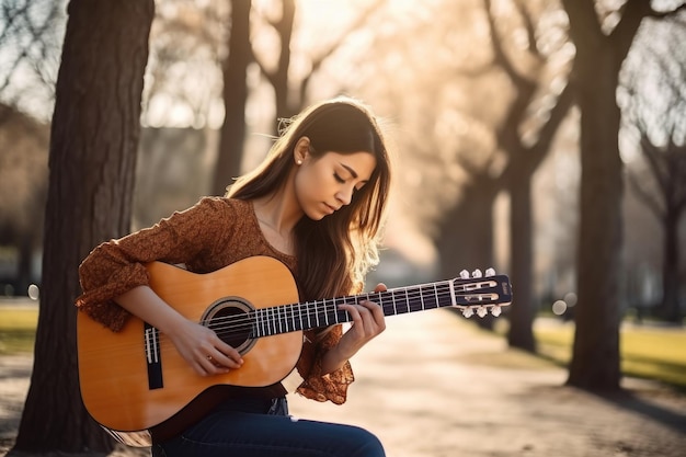 Photo d'une jeune femme jouant de la guitare à l'extérieur