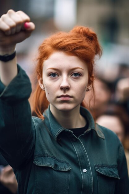 Une photo d'une jeune femme levant ses poings dans le cadre d'une manifestation dans la ville