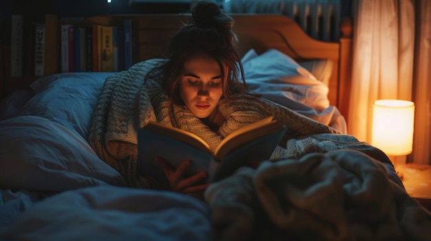 Photo d'une jeune femme lisant près de la lampe de chevet