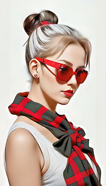 photo d'une jeune femme avec des lunettes rouges rondes et une robe rouge et noire