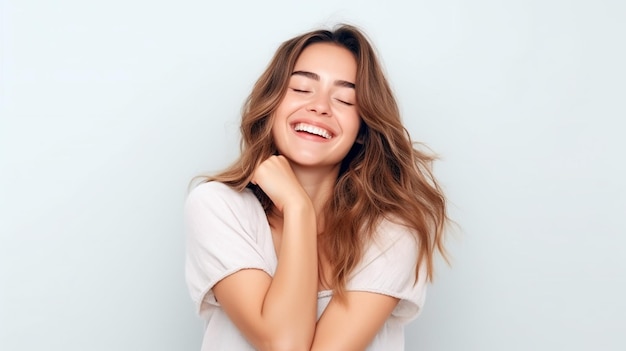 Photo de jeune femme mignonne et heureuse avec un visage souriant