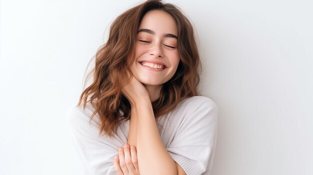 Photo de jeune femme mignonne et heureuse avec un visage souriant