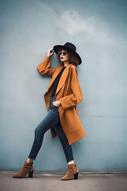 Une photo d'une jeune femme à la mode sur un mur.