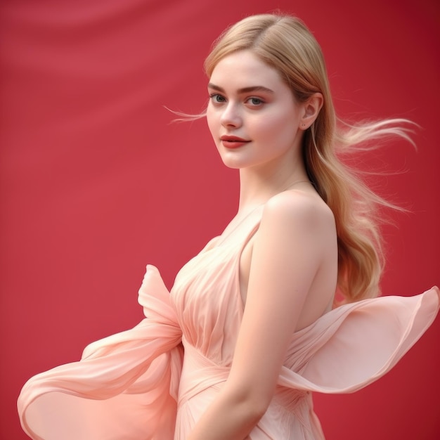 Photo jeune femme à la mode ont un corps ajusté et une peau claire et fraîche en robe de marée rose