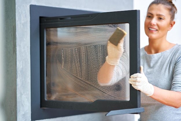 Photo de jeune femme nettoyant les portes vitrées de la cheminée