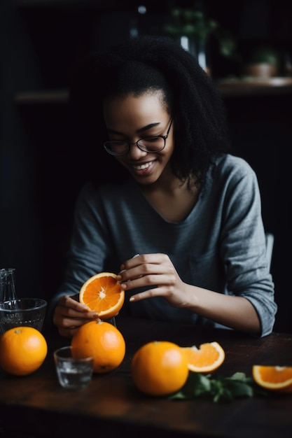 Une photo d'une jeune femme pelant une orange créée avec l'IA générative