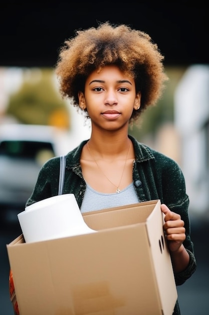 Photo d'une jeune femme portant ses affaires dans une boîte créée avec une IA générative