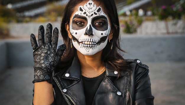 photo jeune femme porte un masque mort crâne maquillage