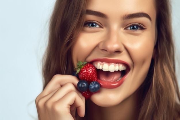 Photo d'une jeune femme posant avec une baie contre ses dents créée avec une IA générative