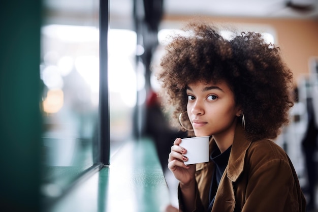 Photo d'une jeune femme prenant un café pendant sa pause à l'école primaire créée avec une IA générative