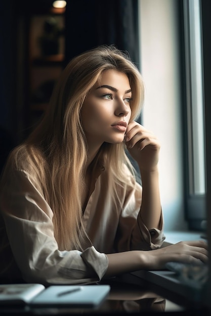 Photo d'une jeune femme prenant un café tout en travaillant à domicile créée avec une IA générative