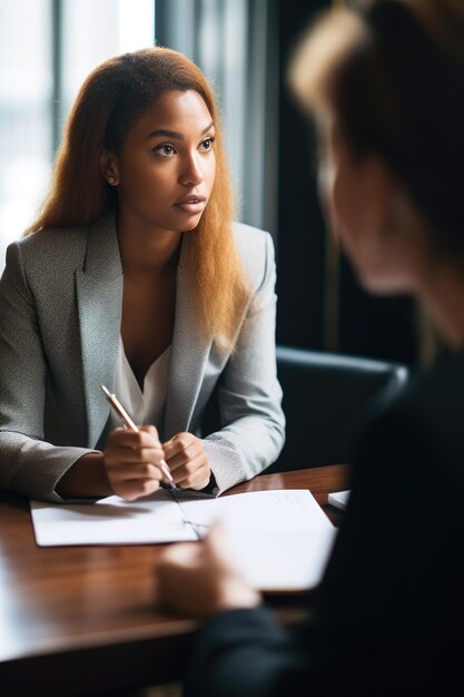 Photo d'une jeune femme prenant des notes tout en parlant à son client créée avec une IA générative