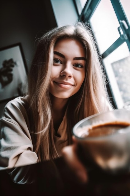 Une photo d'une jeune femme prenant des selfies en buvant du café à la maison créée avec l'IA générative