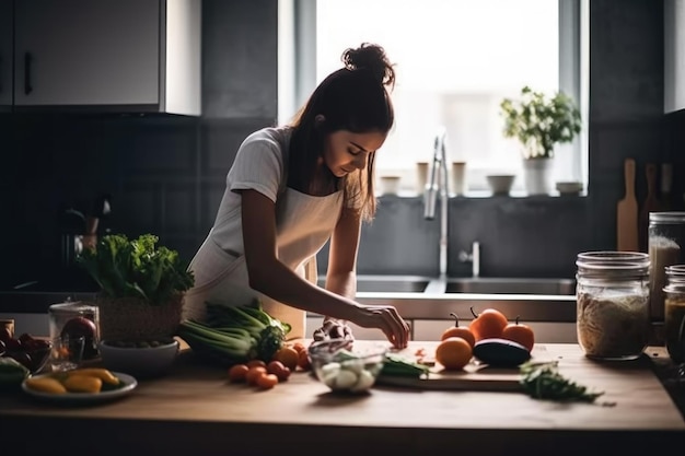 Photo d'une jeune femme préparant de la nourriture dans la cuisine créée avec une IA générative