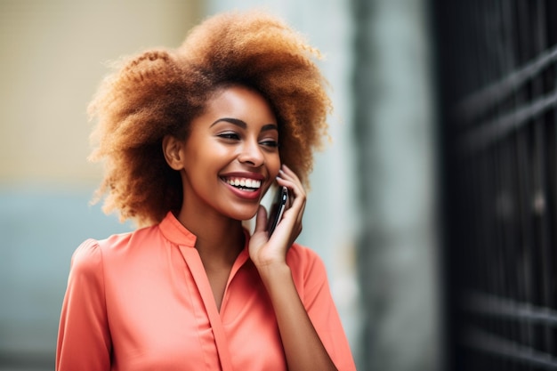 Photo d'une jeune femme qui a l'air joyeuse tout en parlant sur son téléphone portable créé avec une IA générative